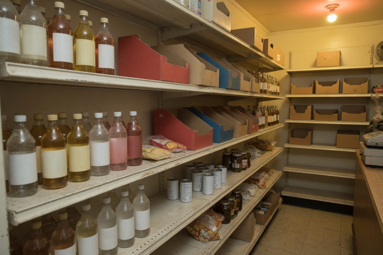 Plain shop shelves of unmarked bottles and boxes, shown as an illustration of convenience-store retail.